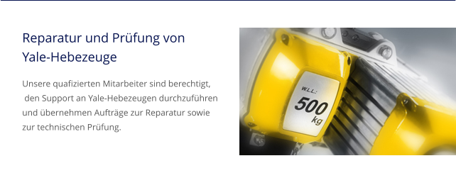 Reparatur und Prüfung vonYale-Hebezeuge Unsere quafizierten Mitarbeiter sind berechtigt,  den Support an Yale-Hebezeugen durchzuführen und übernehmen Aufträge zur Reparatur sowie zur technischen Prüfung.